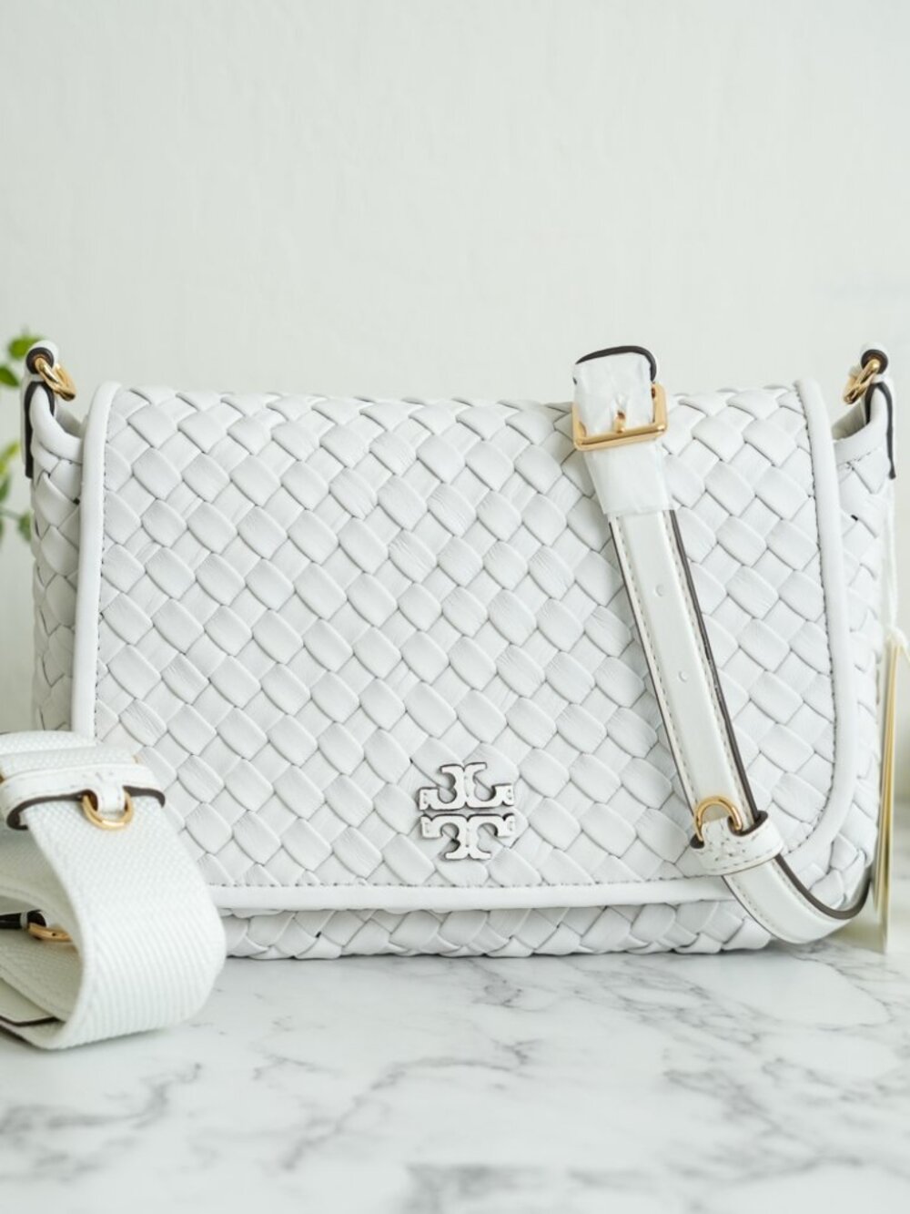 Tory Burch Thea Woven Flap Crossbody in White NWT